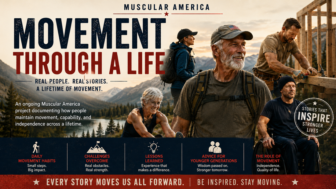 People of different ages and backgrounds demonstrating lifelong movement through walking, work, outdoor activity, adaptive sport, and everyday physical capability.