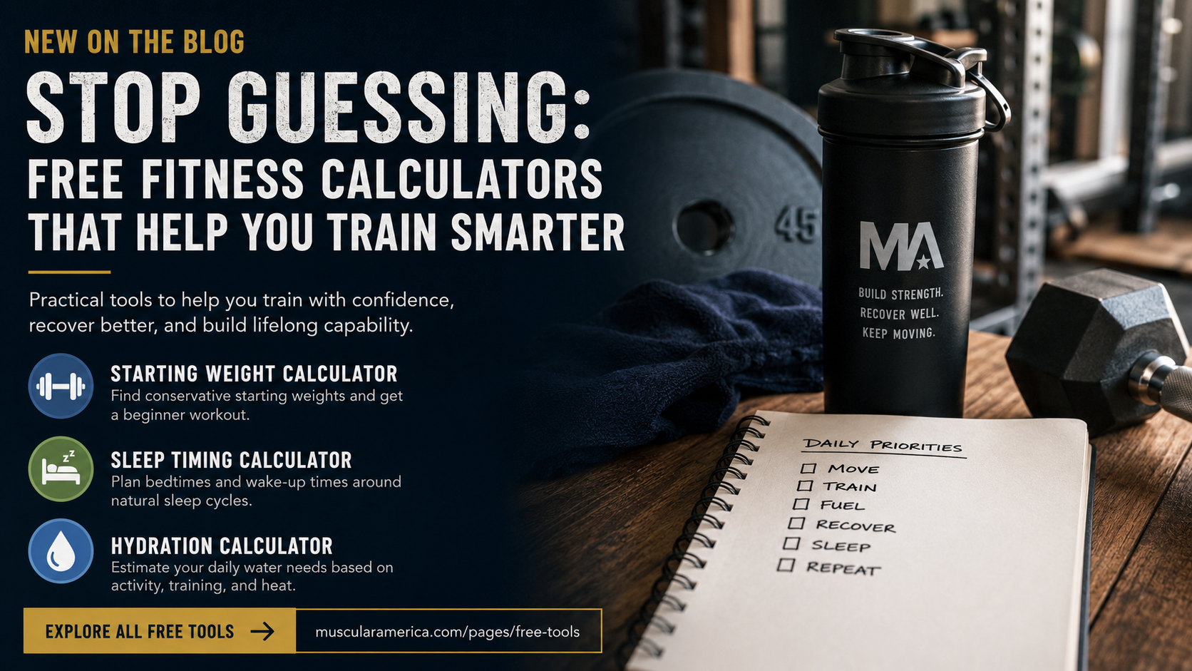 Muscular America free fitness calculators for strength, sleep, and hydration.