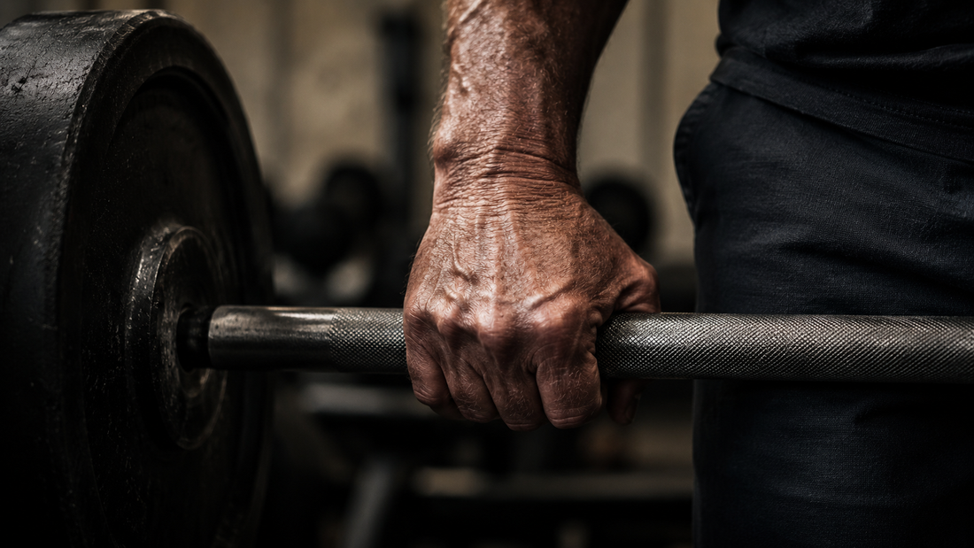 Close-up of an older calloused hand gripping a loaded barbell in a gym, symbolizing lifelong strength, resilience, and the value of consistent movement and recovery.