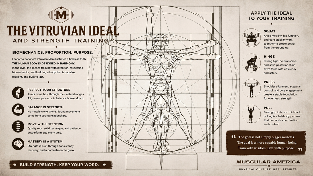 Vitruvian-inspired illustration representing biomechanics, physical culture, and human movement in strength training.