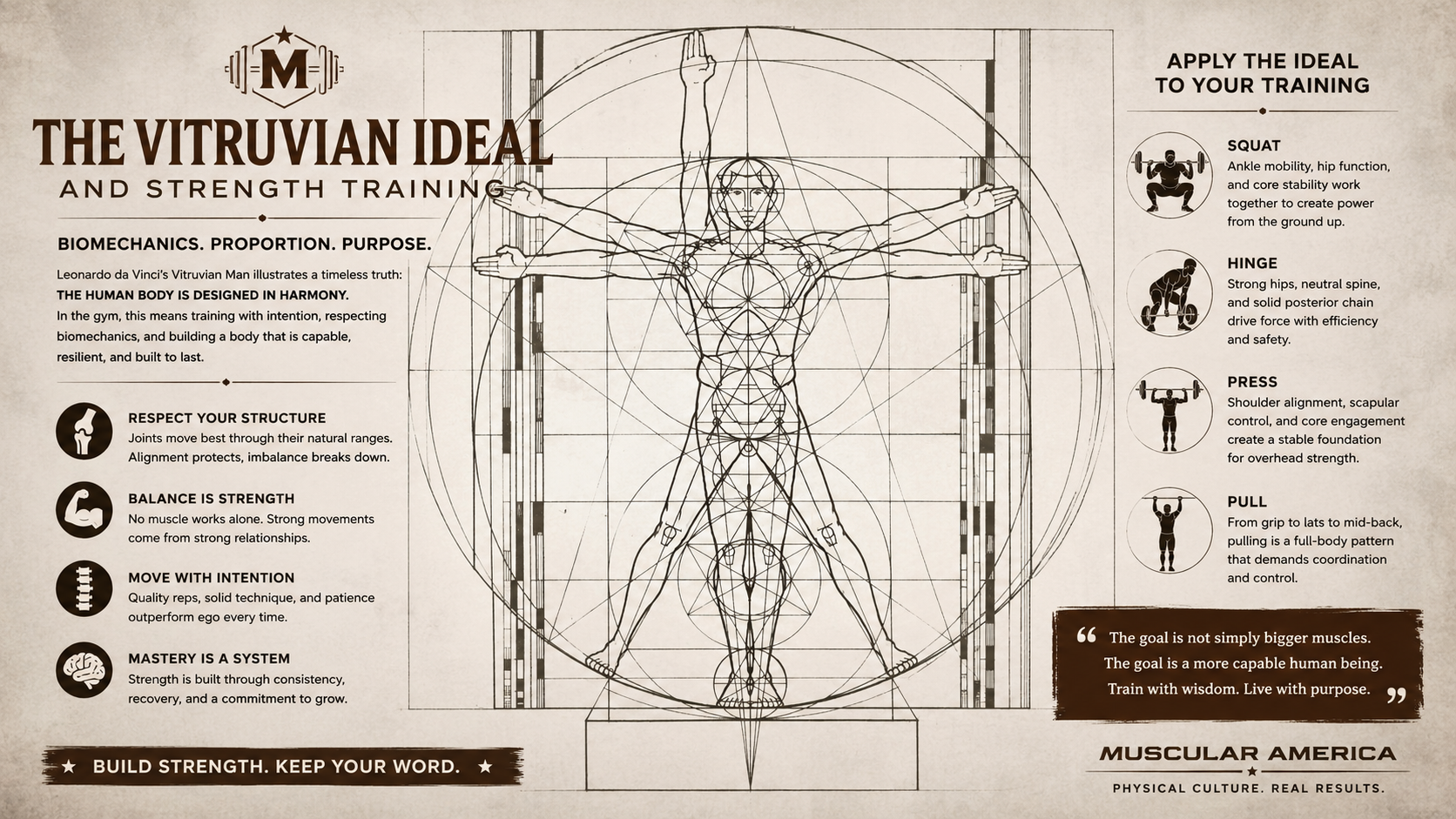 Vitruvian-inspired illustration representing biomechanics, physical culture, and human movement in strength training.