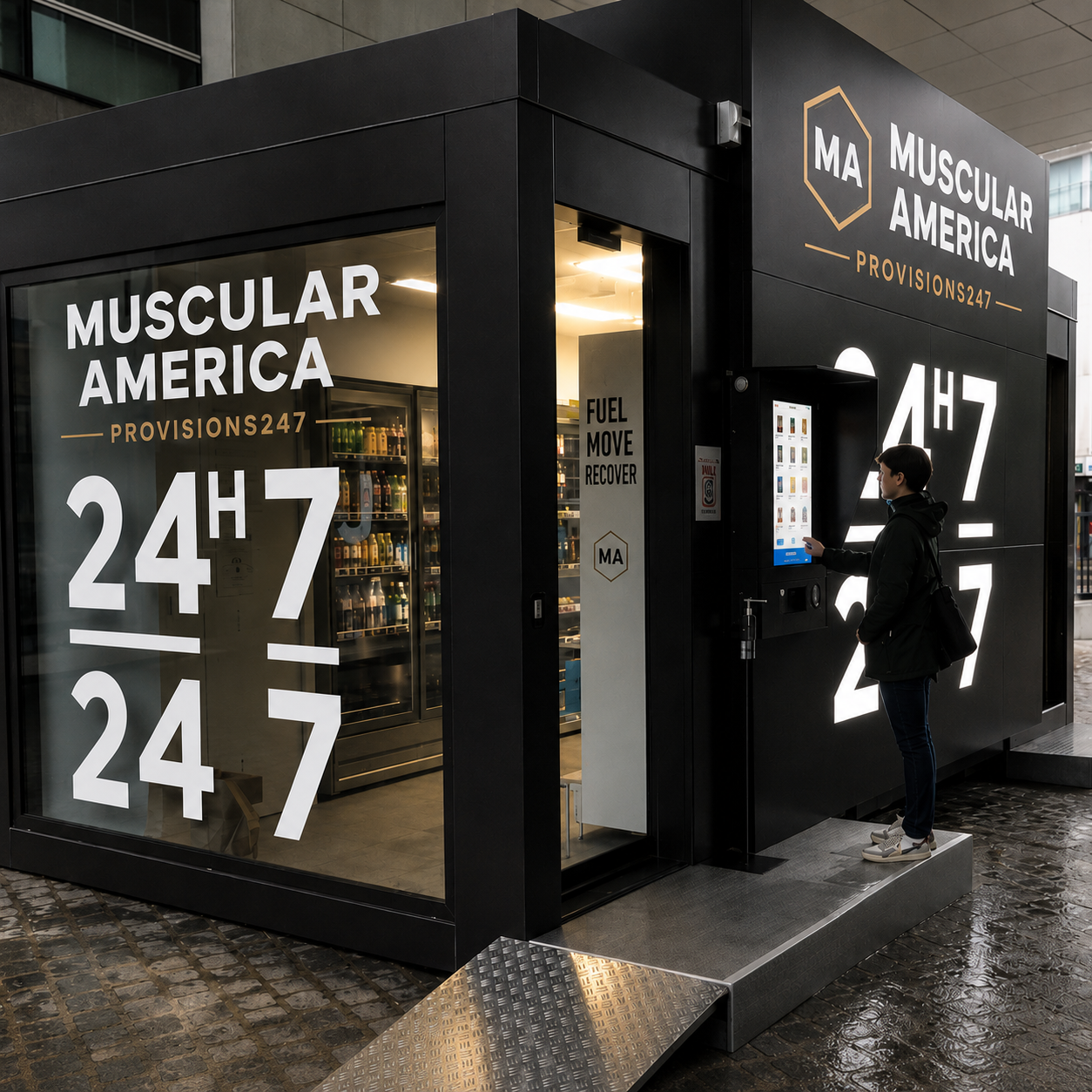 Muscular America PROVISIONS247 kiosk concept for nutrition, hydration, and recovery