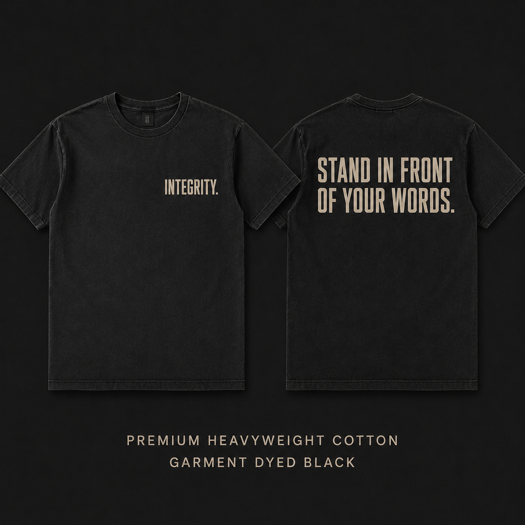 Front and back flat-lay view of Muscular America INTEGRITY garment-dyed black heavyweight cotton T-shirt.