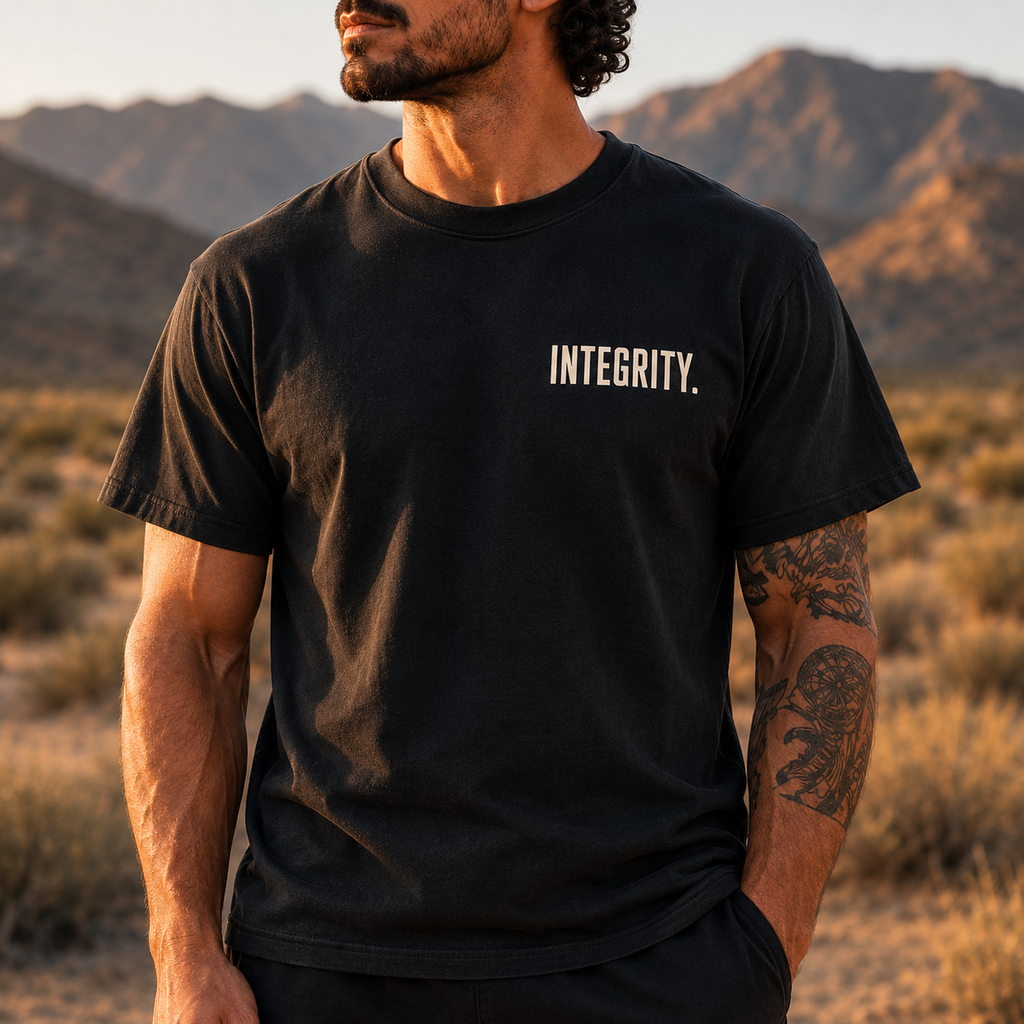Man wearing Muscular America INTEGRITY black heavyweight T-shirt with chest logo in a desert landscape.
