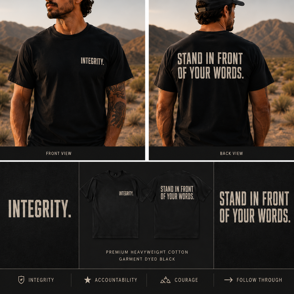 Front and back views of the Muscular America INTEGRITY heavyweight black T-shirt featuring "INTEGRITY." on the chest and "STAND IN FRONT OF YOUR WORDS." on the back, shown in a desert landscape with product detail panels.