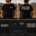 Front and back views of the Muscular America INTEGRITY heavyweight black T-shirt featuring "INTEGRITY." on the chest and "STAND IN FRONT OF YOUR WORDS." on the back, shown in a desert landscape with product detail panels.