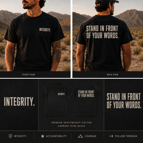 Front and back views of the Muscular America INTEGRITY heavyweight black T-shirt featuring "INTEGRITY." on the chest and "STAND IN FRONT OF YOUR WORDS." on the back, shown in a desert landscape with product detail panels.