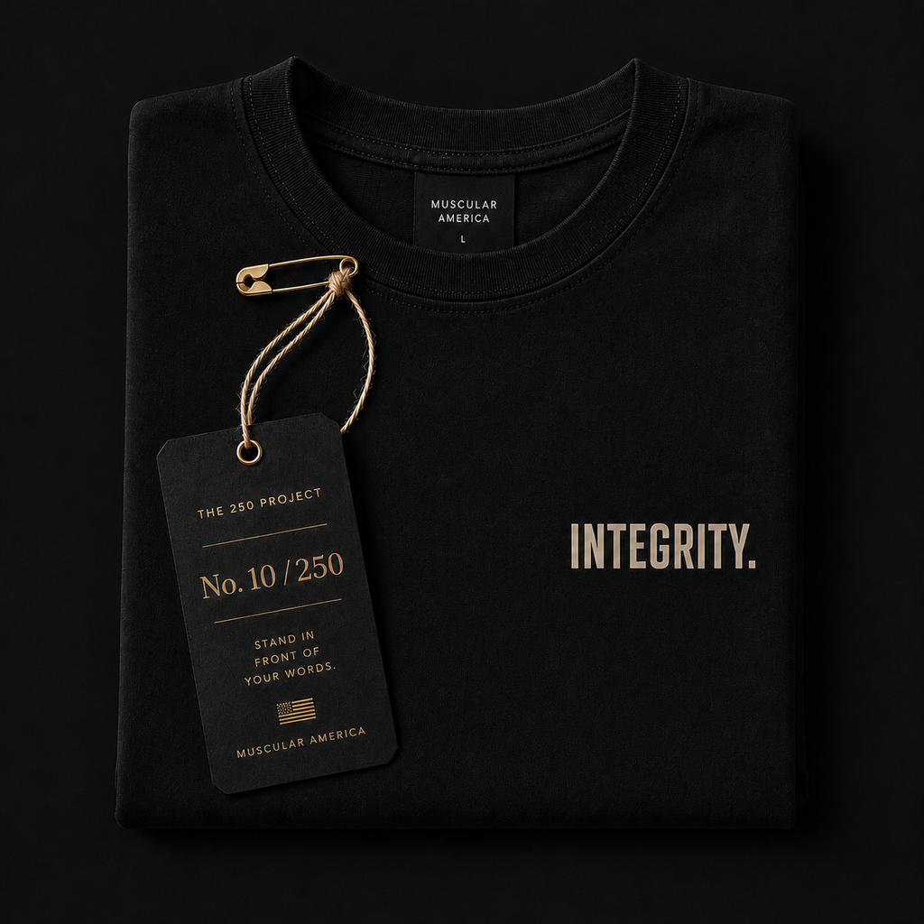 Muscular America INTEGRITY. T-shirt flat lay, garment-dyed black heavyweight cotton shirt with numbered 250 Project collector tag No. 10/250.
